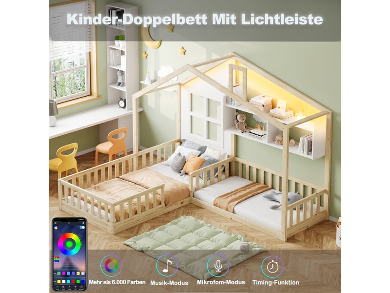  Lit enfant 90x200 cm (140x70 cm), coloris bois naturel et blanc, led, étagères et protection.  - Conforama C