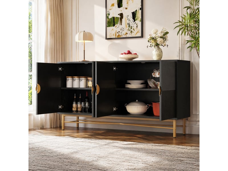  Buffet 160x40x82 cm 4 portes à fermeture douce en mdf et panneau de particules noir  - Conforama D
