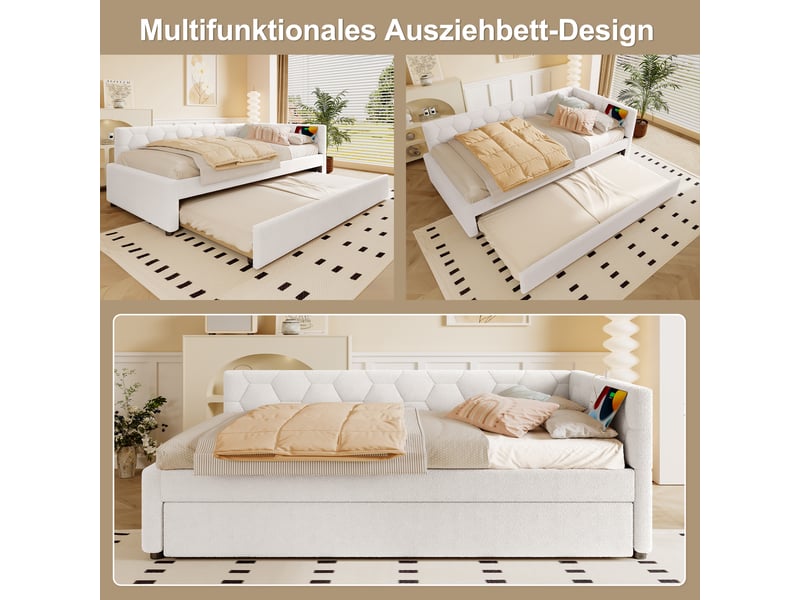  Lit de jour 90*200cm avec lit gigogne, canapé-lit, sans matelas, lampe de chevet, usb type-c, bouclette, blanc  - Conforama D