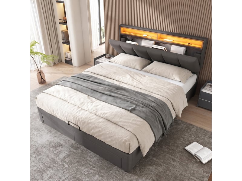  Lit coffre 140 x 190 cm avec led,lit adulte capitonné avec tête de lit rangement, sommier à lattes,hydraulique,gris lin  - Conforama B