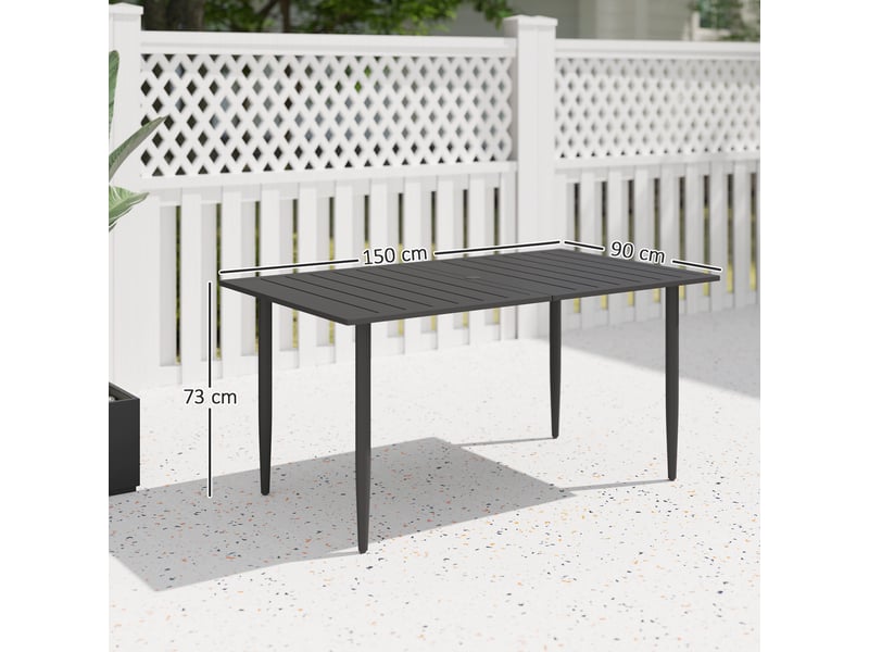  Table de jardin 150 x 90 cm, table de balcon résistante aux intempéries en acier, avec trou pour parasol, noire  - Conforama E