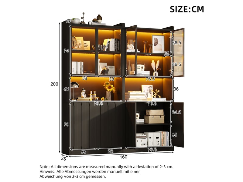 Vitrine double 8 portes, 10 compartiments et éclairage led, étagères réglables, pour salon, noir, 160 × 35 × 200 cm - Conforama D