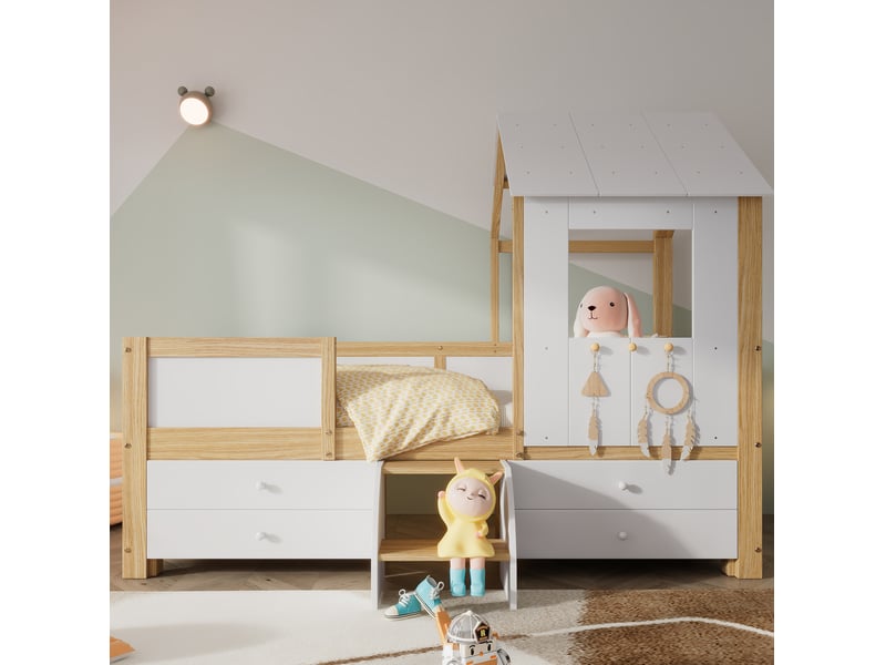 Lit enfant 90x200 cm, sommier, forme maison, garde-corps, tiroirs, bois, coloris blanc+naturel, sans matelas - Conforama D