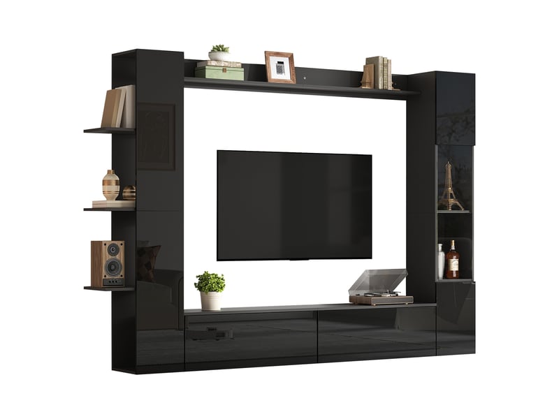  Meuble tv mural design avec vitrine réversible, ensemble de salon 4 pièces, grand espace de rangement, noir  - Conforama A