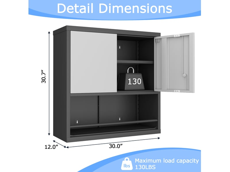  Armoire de rangement murale 76,2 x 30,5 x 78 cm noir et blanc en métal, 2 portes verrouillables, étagères réglables  - Conforama C