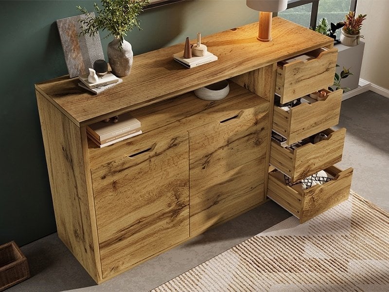  Commode à 4 tiroirs et 2 portes, 150 x 40 x 90 cm, niche ouverte et étagères réglables, effet chêne  - Conforama B