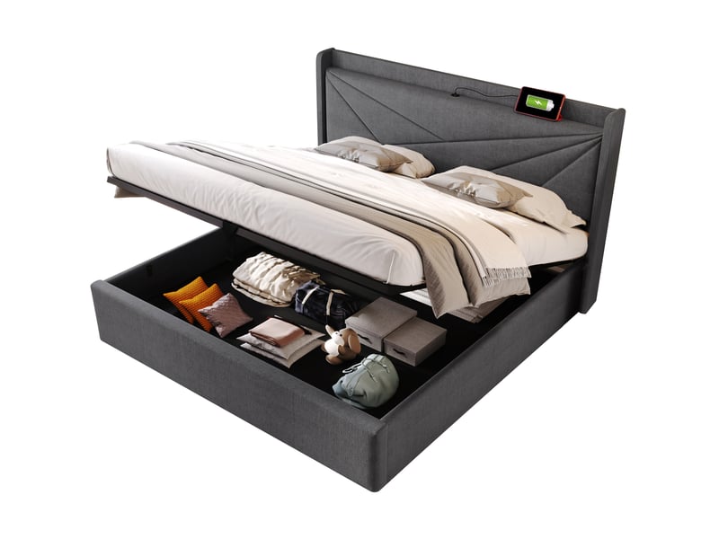 Lit coffre double gris 160 x 200 cm avec matelas, tête de lit usb et type-c - Conforama A