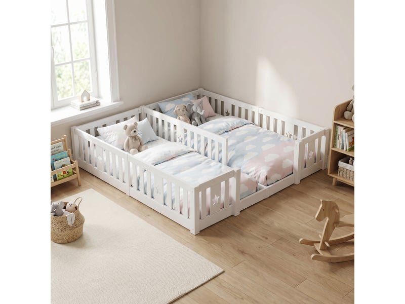  Lit enfant 90x200(x2), lit au sol avec barrière et sommier, bois de pin massif, motif étoiles, style montessori, blanc  - Conforama B