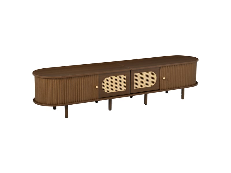  Meuble tv 180 cm pour écran 80 pouces, façades en cannage rotin, mdf, effet noyer foncé  - Conforama A