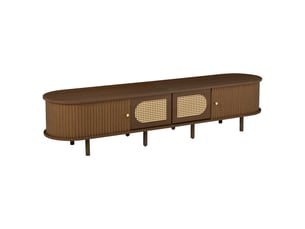 Meuble tv 180 cm pour écran 80 pouces, façades en cannage rotin, mdf, effet noyer foncé