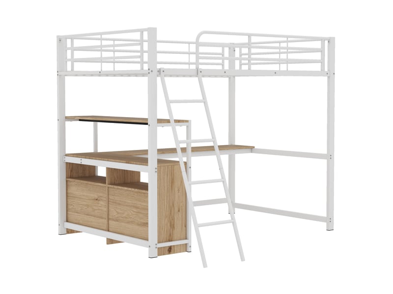 Lit mezzanine blanc 140x200 cm avec bureau en l et tiroirs de rangement - Conforama D