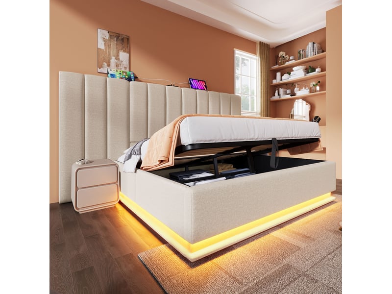 Modenvie lit coffre 180x200 cm avec led et ports usb-c, matelas inclus - pour chambre - beige - Conforama E