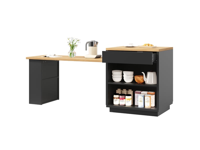 Desserte de cuisine extensible avec 2 tiroirs et 2 portes vitrées, éclairage led, pour cuisine et salle à manger - Conforama A