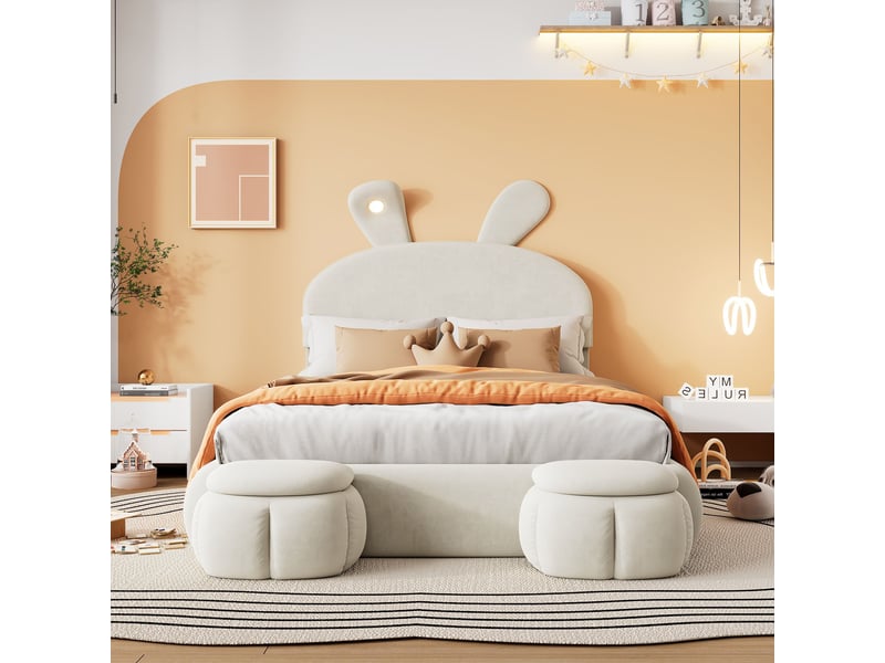  Lit coffre hydraulique 140x200 cm rembourré avec tête de lit led réglable et 2 poufs de rangement-tête de lit oreilles en velours-beige  - Conforama B