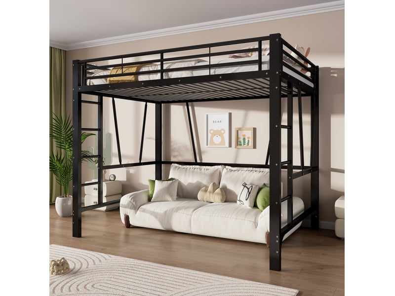  Lit mezzanine 140x200 cm en métal avec double échelle coloris noir  - Conforama D