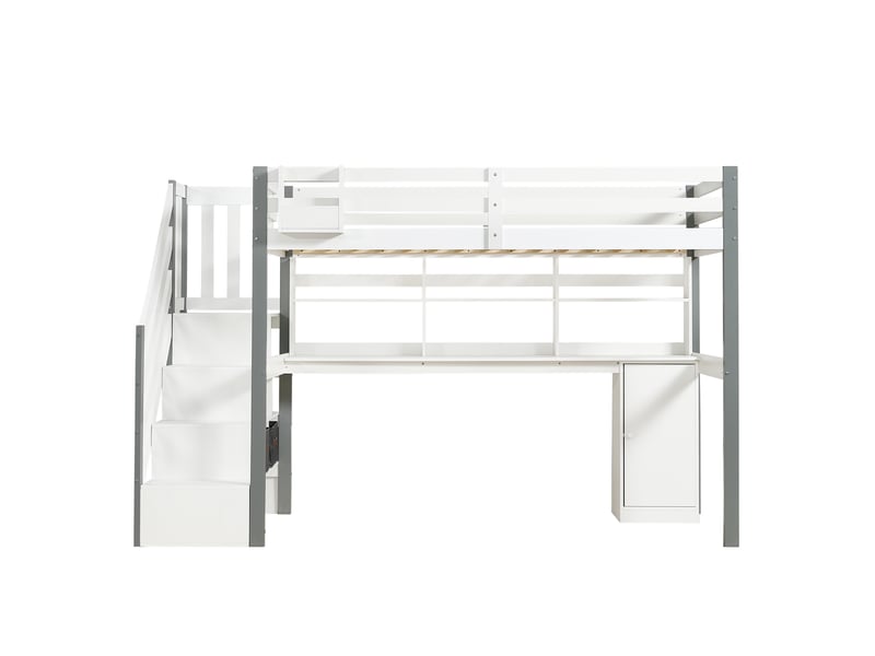  Lit mezzanine 90x200 cm avec bureau, lit enfant avec rangements escalier et bacs en tissu, structure en bois de pin massif et mdf, blanc  - Conforama D