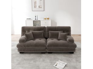 Canapé d'angle modenvie 2 places en chenille marron 220 x 77 x 81 cm, 2 coussins lombaires et 2 coussins décoratifs, structure en bois