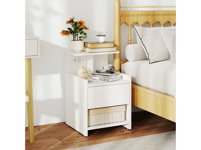  Table de chevet avec station de charge, ports usb, tiroir et étagères, table de nuit 40 x 40 x 60 cm blanche  - Conforama D