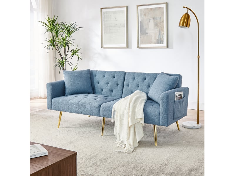  Canapé droit 2 places 177x78x74 cm, 2 coussins, dossier inclinable 3 positions, pieds métal, teddy bouclette bleu  - Conforama E