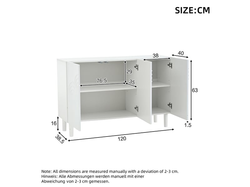  Buffet bas 120 x 38,5 x 79 cm, buffet de rangement, buffet de cuisine, 3 portes battantes, motifs imprimés, mdf, blanc  - Conforama C