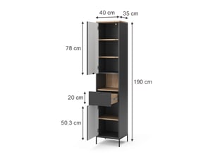 Vicco meuble salle de bain, noirchêne viking, 40x190cm avec des portes et un tiroir