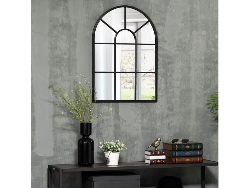  Miroir mural fenêtre arqué 70 x 50 cm – noir – cadre métal décoratif à fixation murale préinstallée  - Conforama B