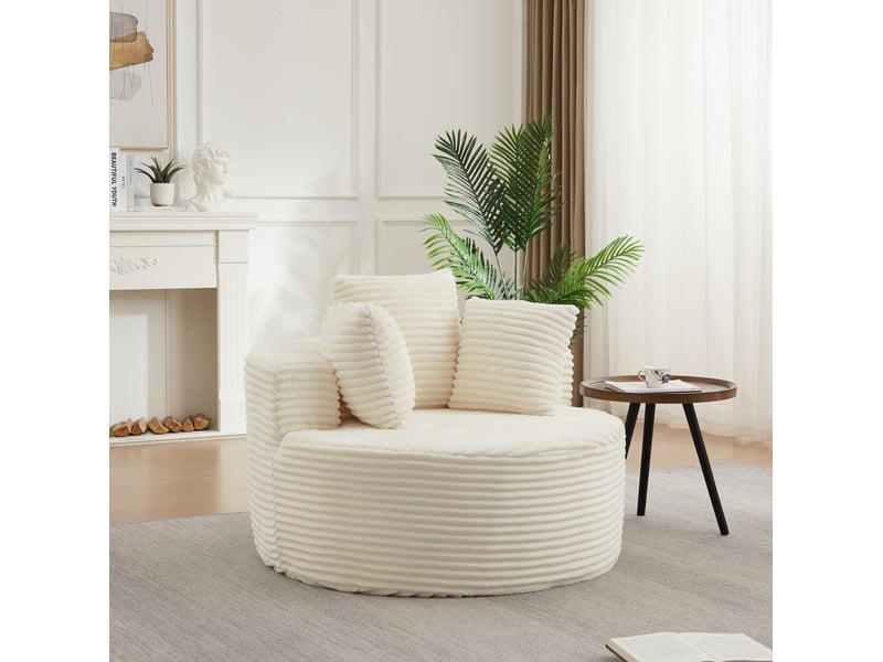  Fauteuil relax rond avec accoudoirs larges et 3 coussins, design minimaliste, en velours côtelé beige  - Conforama C