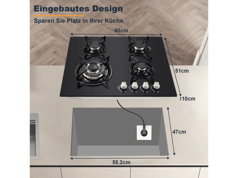 Plaque de cuisson gaz 4 feux, table de cuisson gaz encastrable 60 cm, verre trempé, allumage électronique, 8060 w - Conforama C