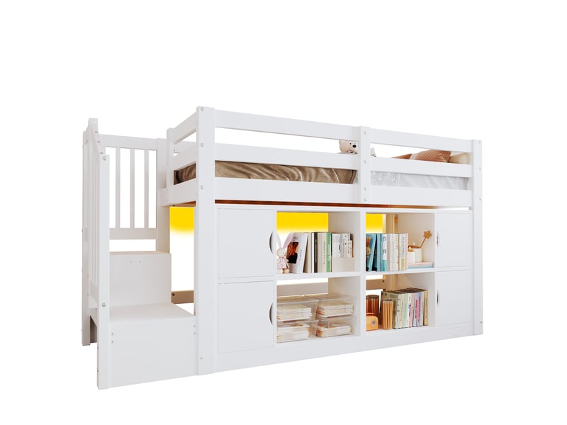 Lit mezzanine 90x200 cm avec rangements, escalier et led, blanc, sans matelas  - Conforama A