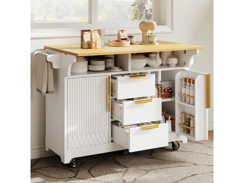  Îlot de cuisine mobile à plateaux rabattables et rangement - lpospi - 3 tiroirs, roulettes, mdf blanc  - Conforama C