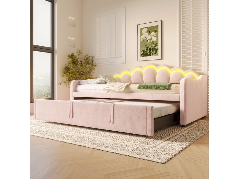 Lit gigogne canapé 90x200 cm fermé, 180x200 cm ouvert, tête ondulée, led multicolores, velours, rose, sans matelas - Conforama B