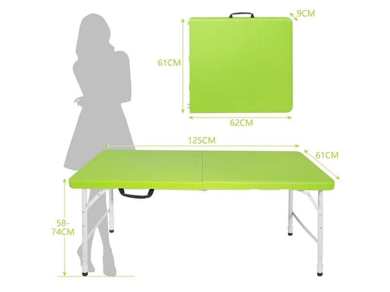  Table de jardin pliante 125x61 cm verte en plastique et métal, hauteur réglable de 58 à 74 cm avec poignée  - Conforama C