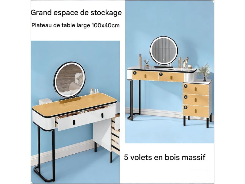  Coiffeuse avec miroir led 5 tiroirs noir et blanc 100 x 40 x 125 cm  - Conforama D