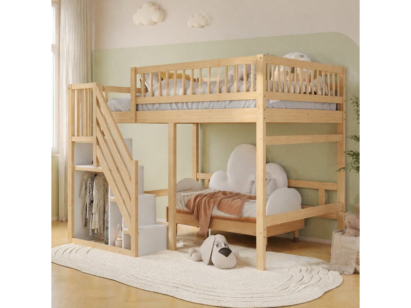  Lit mezzanine 140x200 cm avec escalier de rangement bois naturel sans matelas  - Conforama B