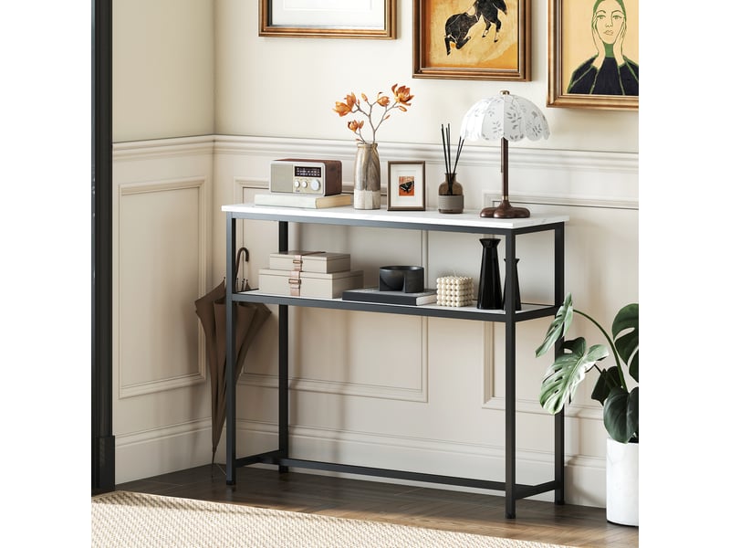  Console étroite avec plateau effet marbre, étagère ouverte et structure en métal 100 x 30 x 81 cm blanc  - Conforama D