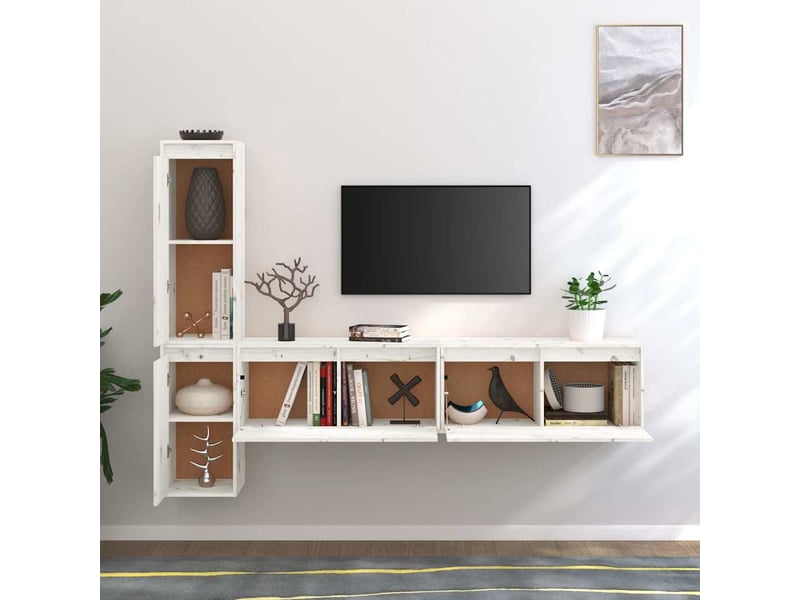  Lot de 4 meuble tv bas salon blanc bois massif de pin shl59605  - Conforama C