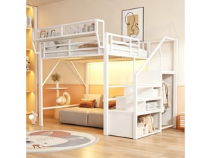 Lit mezzanine 140x200 cm blanc en métal, led, échelle sécurisée et étagère modulable