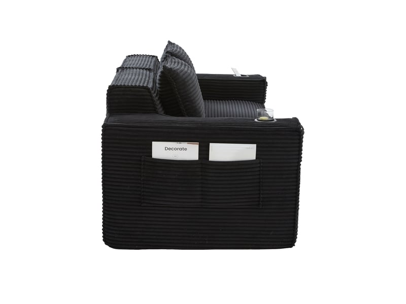  Canapé 2 places modulaire 188x90x75 cm avec porte-gobelets et poches latérales, velours côtelé noir  - Conforama E