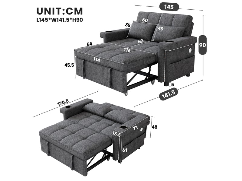 Canapé convertible 2 places 145x141,5x90 cm avec led et ports usb gris - Conforama C