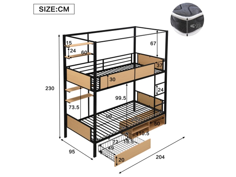  Lit superposé en fer et mdf noir et naturel 90x200 cm, rangements sous le lit, double tablette, rideau haut  - Conforama C