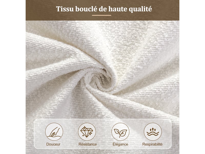  Lit double 180 × 200 cm, bouclé, sommier à lattes, tête de lit rembourrée amovible, structure basse sur pieds, beige  - Conforama E
