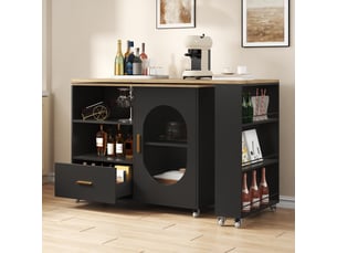Îlot de cuisine mobile 120 à 180 x 60 x 90 cm - porte en verre cannelé - 1 tiroir - plateau pivotant à 360 degrés - naturel et noir