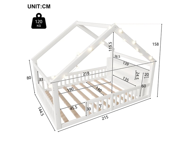 Lit cabane enfant 140x190 cm en bois de pin blanc avec barrières de sécurité et étagères, design minimaliste (sans matelas) - Conforama C