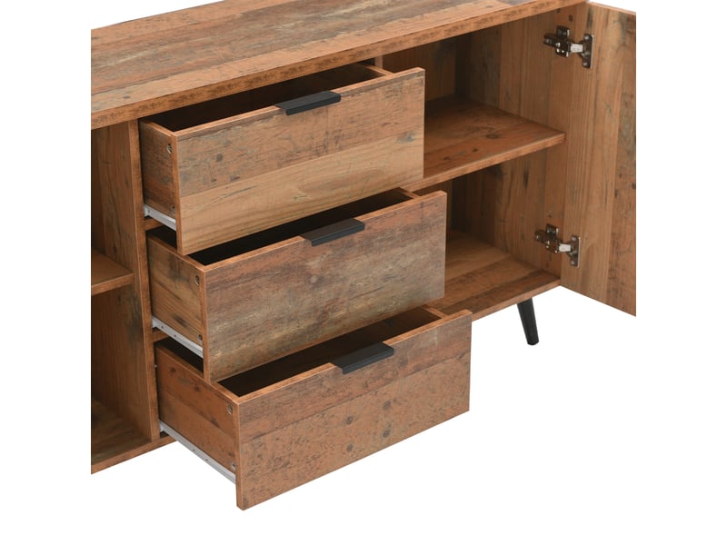 Buffet meuble tv 140 cm avec 3 tiroirs et 2 portes style vintage marron  - Conforama R