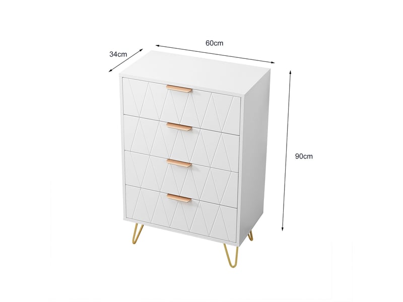  Commode avec 4 tiroirs, meuble à tiroirs avec pieds et poignées dorés, buffet blanc pour chambre à coucher, salon, couloir, 60 x 34 x 90 cm  - Conforama E