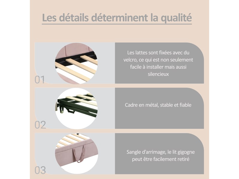 Lit gigogne simple 90×200 cm extensible 180×200 cm - okmyhome- en velours rose, sans matelas  - Conforama E