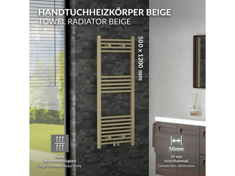  Luxebath sèche-serviettes design sahara 500 x 1200 mm, raccordement central, droit, haute conductivité thermique, radiateur mural porte-serviettes pour salle de bain, puissance 455 w, beige mat ECD Germany GmbH - Conforama B