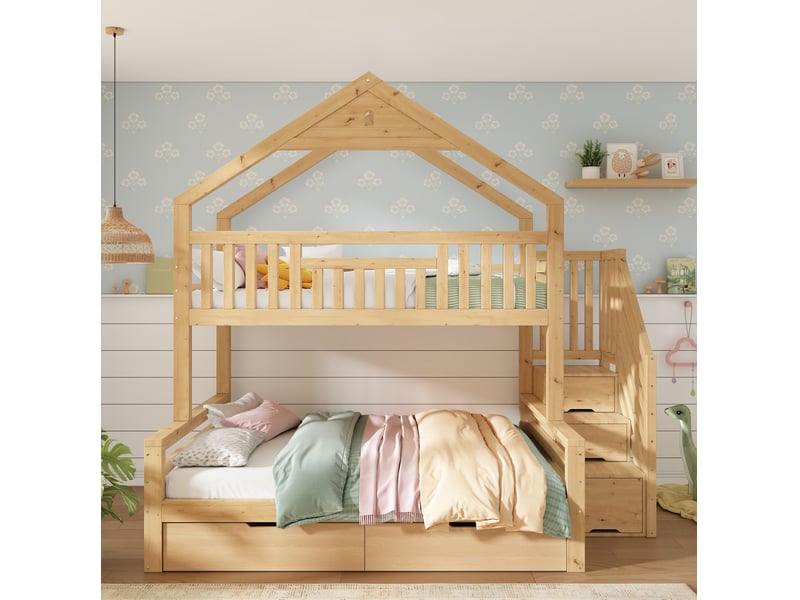  Lit superposé enfant 90x200 et 140x200 cm coloris chêne avec 2 tiroirs  - Conforama E