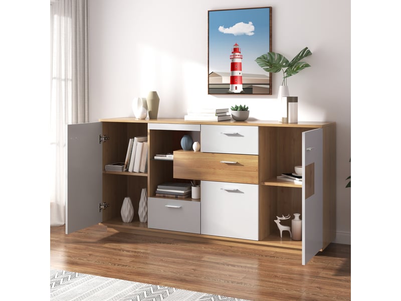  Buffet en mdf naturel, 2 portes, 4 tiroirs, éclairage led, 160 x 40 x 77 cm  - Conforama W
