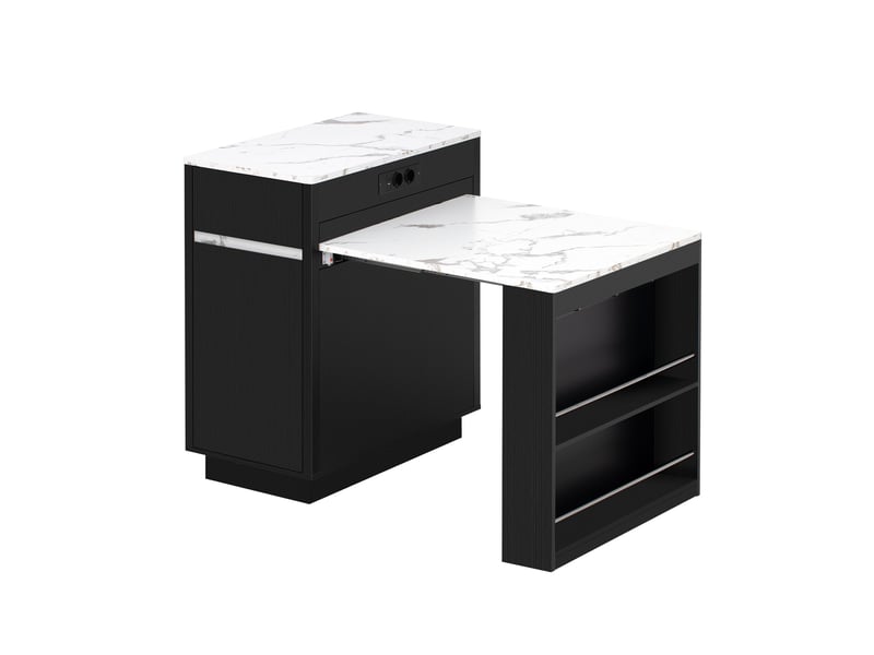  Îlot de cuisine à roulettes avec table extensible, led, prises et crochets, desserte ou bar, noir Jamama eleni - Conforama W
